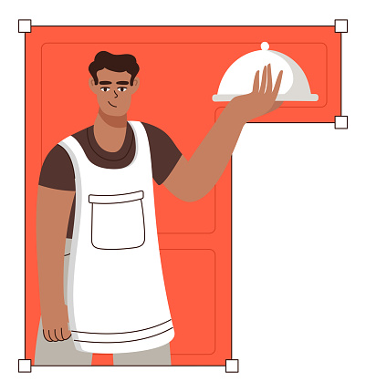 Vector illustration of restaurant, waiter and food and drink service.