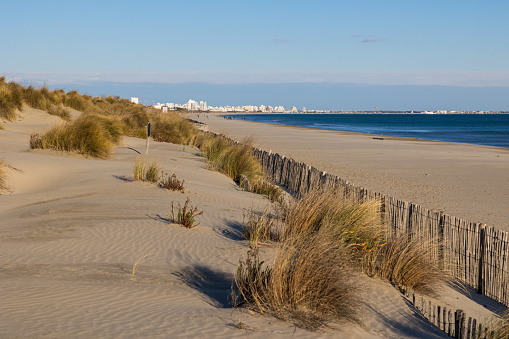 Dune landscape with a blue sky in Norddeich at winter, North Sea, East Frisia, Lower Saxony, Germany