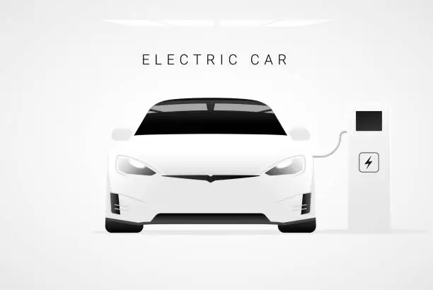 Vector illustration of Electric ev car charge station vector concept. Future battery electric car technology recharge background hybrid illustration.