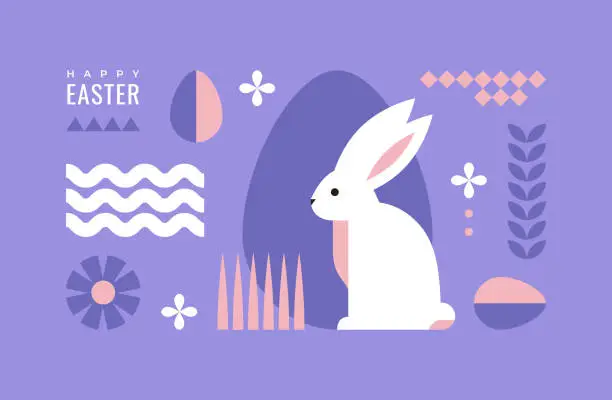 Vector illustration of Easter background with bunny, eggs and abstract geometric shapes.