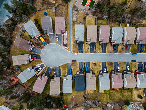 Aerial drone view of culdesac in a subdivision in late Winter.