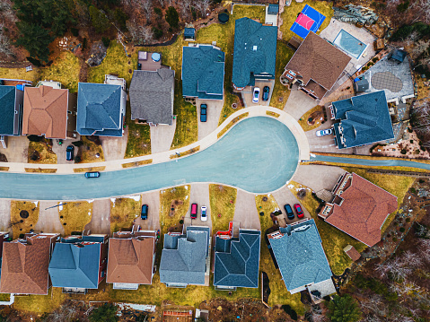 Aerial drone view of culdesac in a subdivision in late Winter.