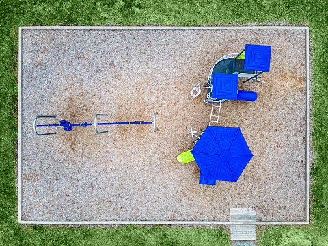 Looking down on a small neighborhood playground.