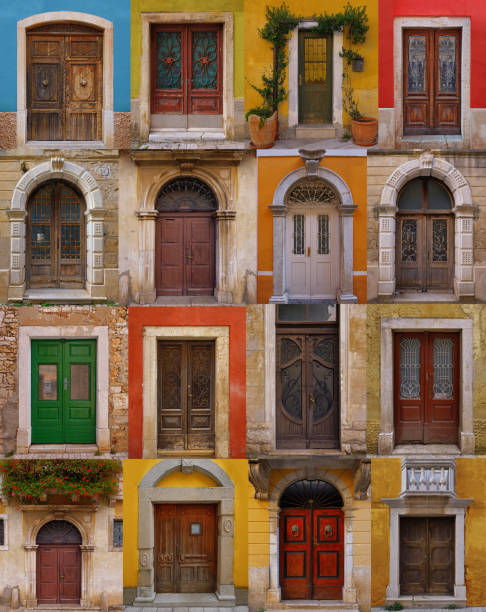 A colorful collage of wooden doors in the ancient city in Croatia stock photo