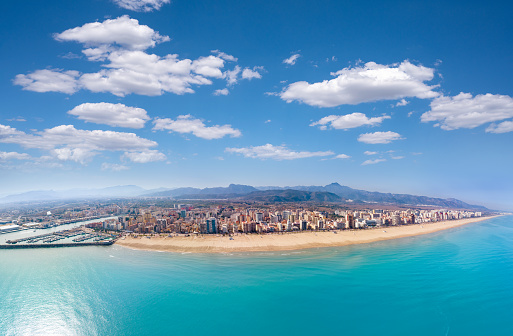 Gandía port Grao beach aerial skyline in Mediterranean Valencia of Spain Drone point of view