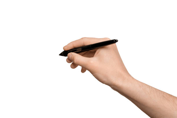 männliche hand mit digitalem stift, isoliert auf weißem hintergrund - computerstift stock-fotos und bilder