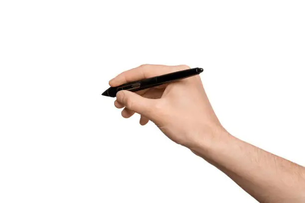Photo of Male hand with a digital pen, isolate on a white background
