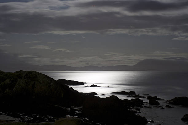 Moonlit Atlantic ocean at Ring of Kerry Ireland stock photo