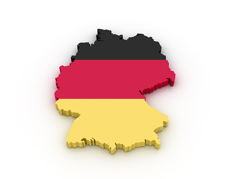Three dimensional map of Germany in German flag colors.