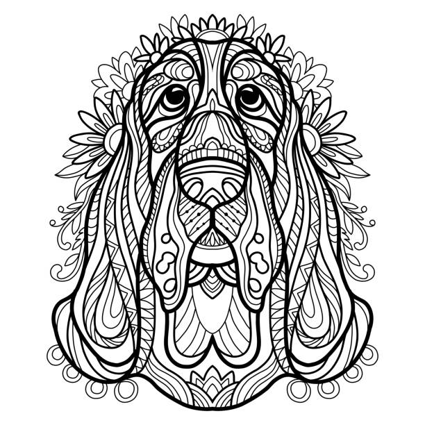 malbuchseite basset hound hund vektor illustration - coloring book coloring book pets stock-grafiken, -clipart, -cartoons und -symbole