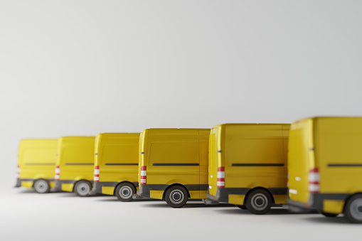 Concept of delivering products, courier work, rental of vans. 3d render, 3d illustration.