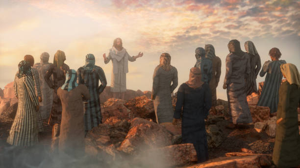 jesus christus predigt die bergpredigt und die zwölf apostel 3d rendern - prediger stock-fotos und bilder