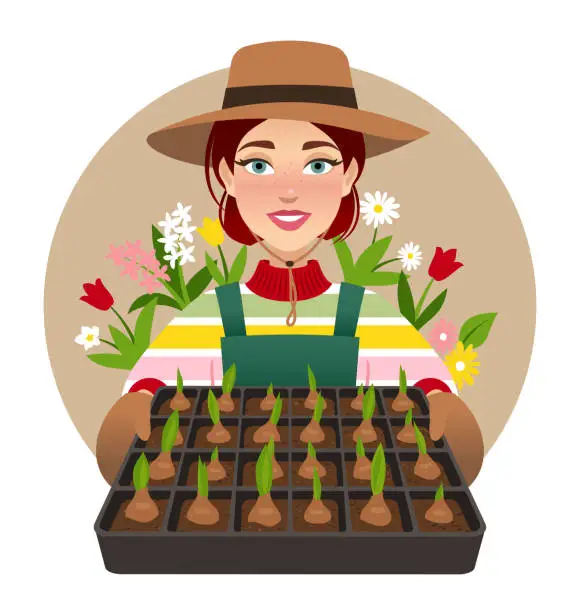 Vector illustration of Woman gardener with flower bulbs