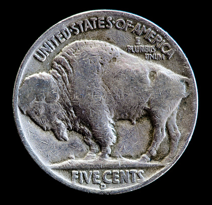 Reverse side of a 1936 D Buffalo nickle minted in Denver, Colorado.