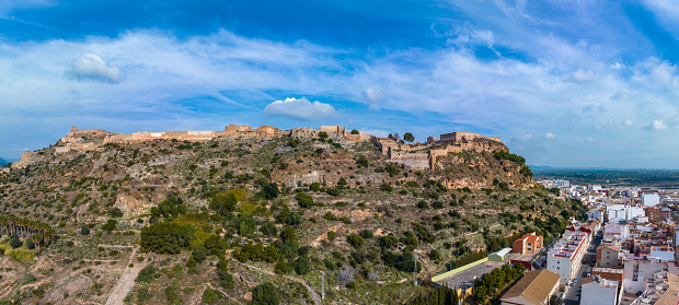 Sagunto skyline aerial view with Roman Ruins in Valencia of Spain in a sunny blue sky day