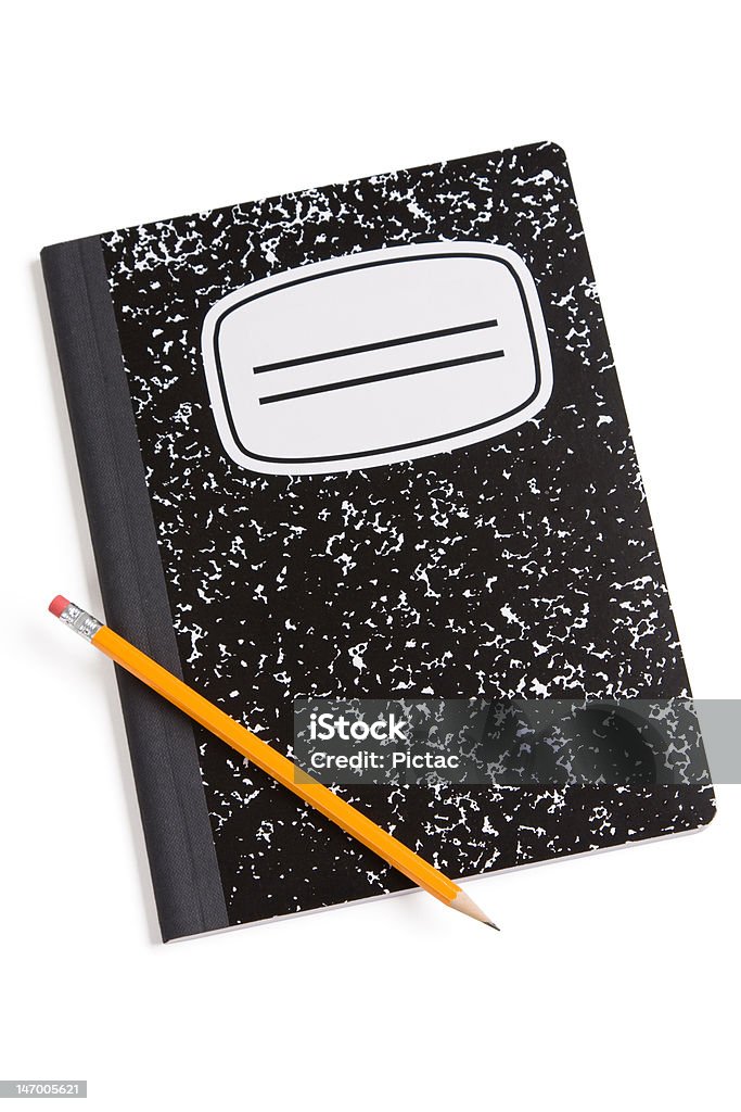 Pencil and composition book Pencil sitting on a composition book on white. Book Stock Photo