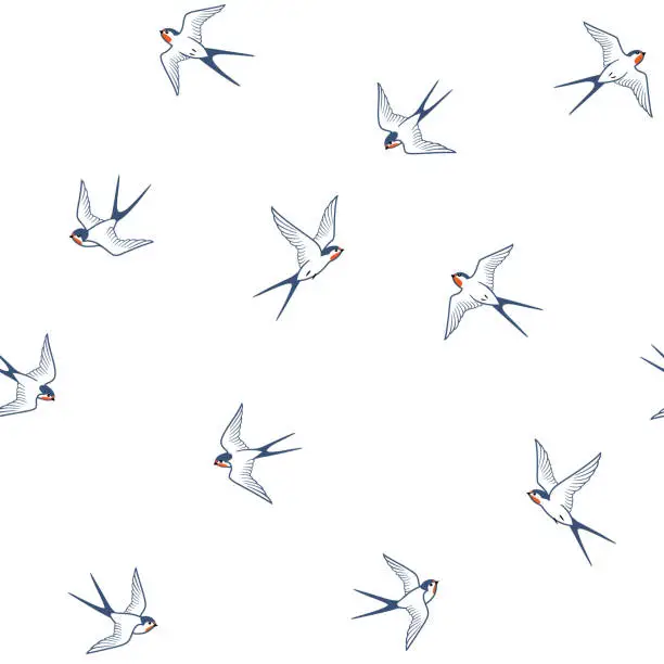 Vector illustration of Seamless pattern of line art flying barn swallows birds