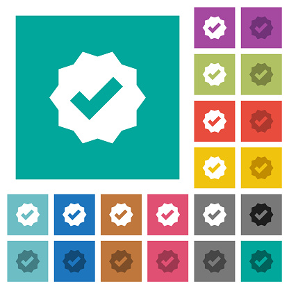 Verified sticker solid multi colored flat icons on plain square backgrounds. Included white and darker icon variations for hover or active effects.