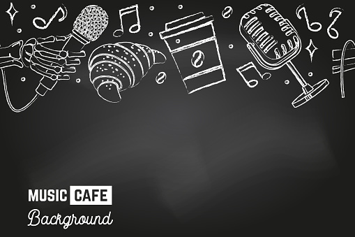 Seamless pattern with music instruments and coffee cup for music cafe, bar, pub. Music cafe background on the chalkboard. Vector illustration. Classical acoustic retro microphone, croissant, music notes on the chalkboard