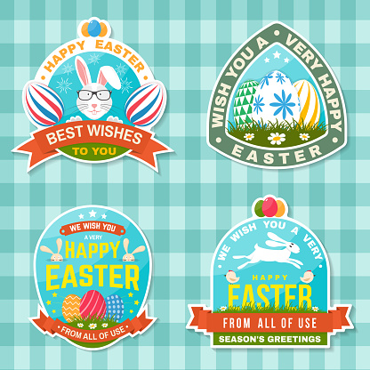 Set of happy easter holidays sticker, patch. Vector. Typography design with easter rabbit and colourful eggs. Modern minimal style. Easter Egg Hunt. Spring holiday.