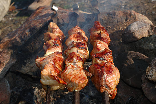 Appetizing roasted shish kebab (shashlik). stock photo