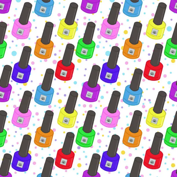 Vector illustration of Vector seamless pattern with nail polishes. For beauty salons, Template, Background image, Web design, Business advertising, Nail Art. Vector seamless pattern with manicure cosmetics