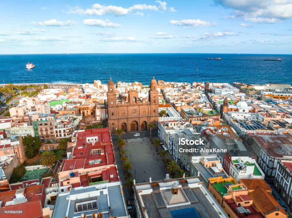 Panoramic aerial view of Las Palmas de Gran Canaria and Las Canteras beach at sunset Panoramic aerial view of Las Palmas de Gran Canaria and Las Canteras beach at sunset, Canary Islands, Spain. Animal Family Stock Photo