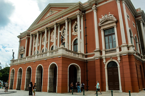 Facade of the Paz Theater, an old building, in the historic center of Belém.