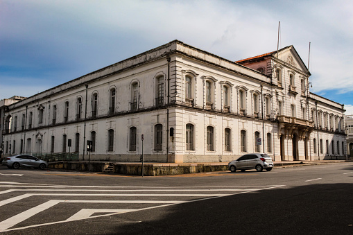 Facade of an old building in the historic center of Belém. Lauro Sodré Palace, Museum of the State of Pará, neoclassical style.