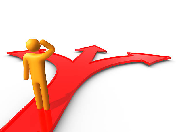 istock 3D orange man making choice of three directions 147006649