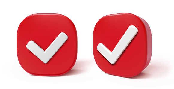 3d Check Mark, approval . Vector icons on Red. Vector illustration.