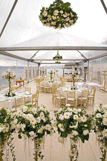 istock Long view of a decorated wedding reception hall 147007038