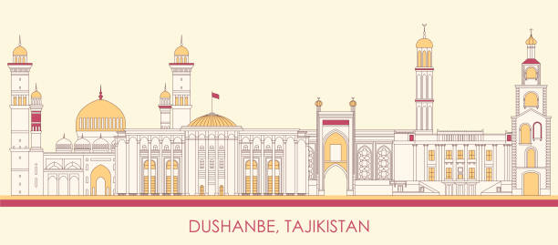 illustrazioni stock, clip art, cartoni animati e icone di tendenza di panorama dello skyline del fumetto della città di dushanbe, tagikistan - tagikistan
