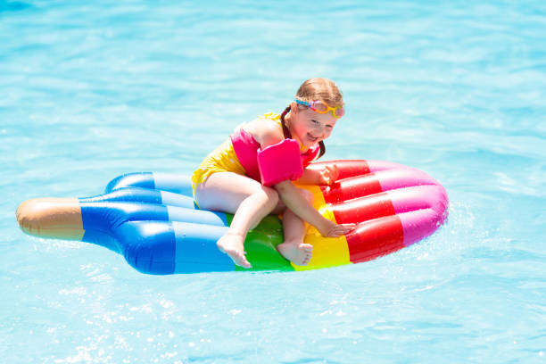 istock Child on inflatable float in swimming pool. 1470072225