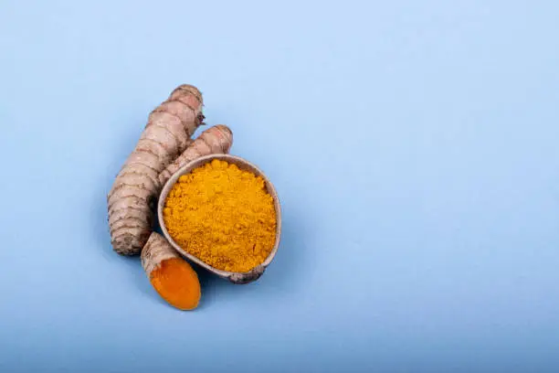 Ground natural turmeric in a wooden bowl accompanied with turmeric root in a minimalist style. overhead view. Blue background.