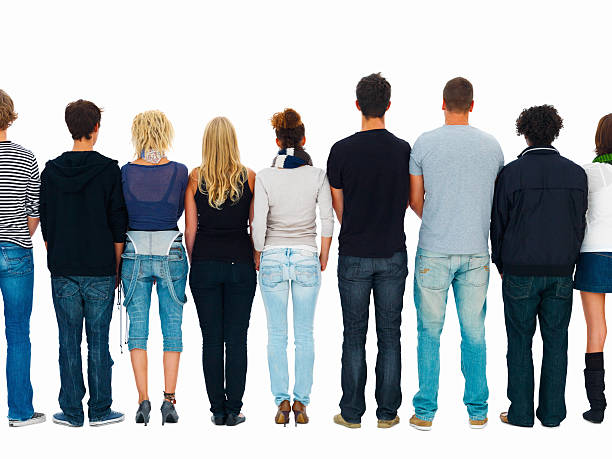 istock Men and woman standing against white background 147007509