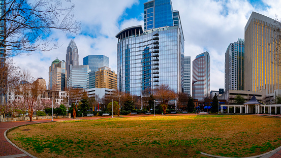 Charlotte North Carolina City skyline in Spring with skyscrapers, buildings, and dramatic sky, modern metropolitan cityscape photo