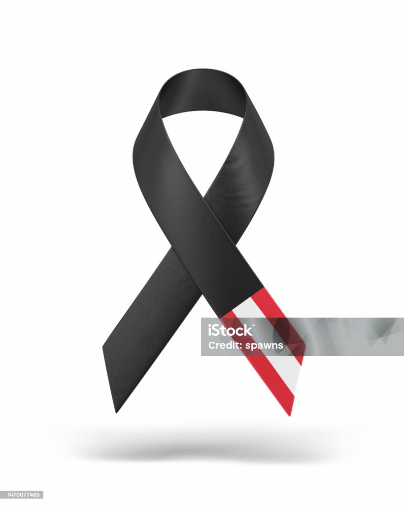 Awareness black strip folded, Austria Flag textured, Object + Shadow Clipping path 3D render awareness black strip folded, Austria flag textured, object + shadow cropping way, mourning, grief, cancer, can be used for important days such as earthquake Accidents and Disasters Stock Photo