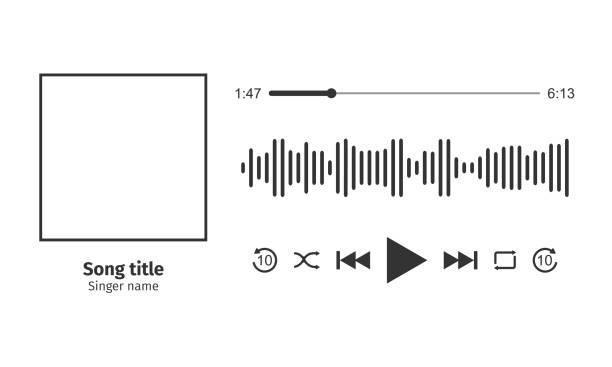 illustrazioni stock, clip art, cartoni animati e icone di tendenza di design dell'interfaccia del lettore musicale con cornice per foto della canzone, pulsanti diversi, barra di caricamento con timer ed equalizzatore sonoro. variazione orizzontale. illustrazione grafica vettoriale - stereo personale