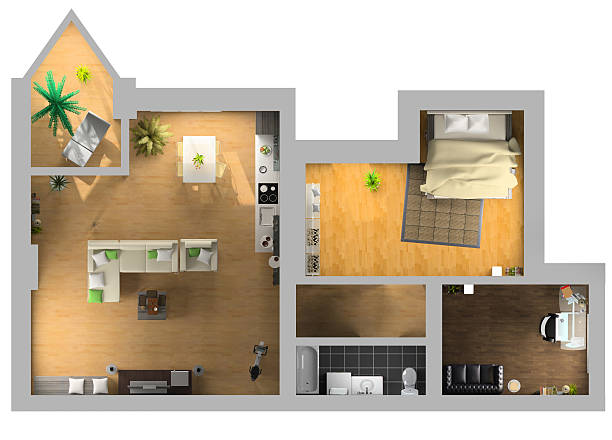 interior plan modern interior on the top view (private apartment 3d rendering) floor plan stock pictures, royalty-free photos & images