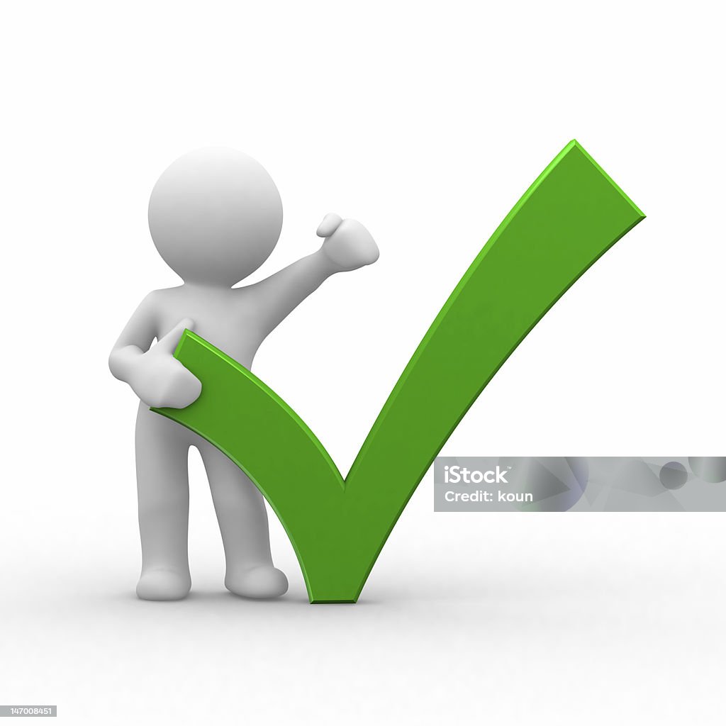 correct 3d human with big positive symbol Check Mark Stock Photo