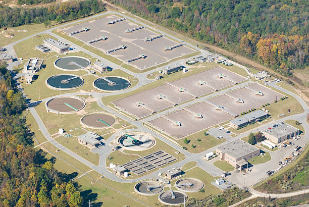 An aerial view of a water treatment plant stock photo