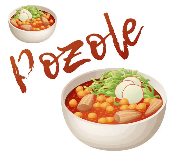 Vector illustration of Mexican soup pozole rojo vector icon isolated on white background. Traditional food made of homini corn, chicken meat and garnished with shredded cabbage and radish cartoon illustration