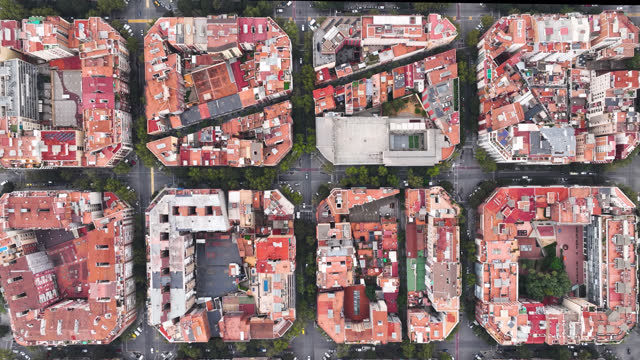 Barcelona street aerial view with beautiful patterns in Spain, Europe travel.