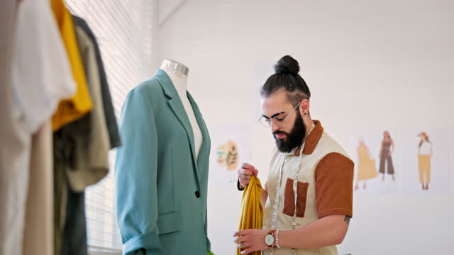 Male designer, fashion work and sewing fabric design with mannequin for tailor pattern. Clothing construction, creative industry and studio of clothes production worker planning with textile