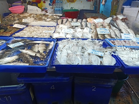 A variety of seafood such as squid, shrimp, shellfish, crab, fish are placed on trays prepared for sale at the fresh market in Pattaya. Chonburi Province