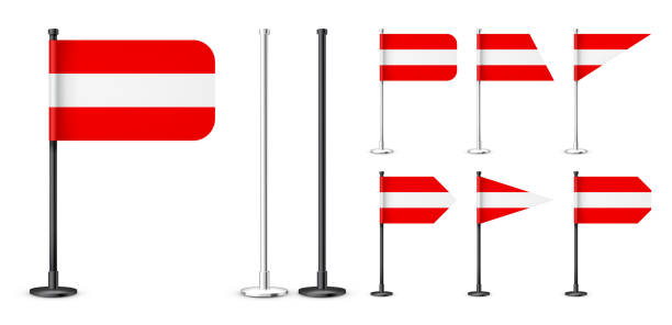 istock Realistic various Austrian table flags on a black steel pole. Souvenir from Austria. Desk flag made of paper or fabric, shiny metal stand. Mockup for promotion and advertising. Vector illustration 1470094779
