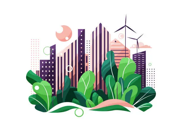 Vector illustration of Green eco city vector illustration. Ecology background with skyscraper cityscape, park tree landscape, sun and wind turbines for generation electricity. Friendly environment pattern isolated on white