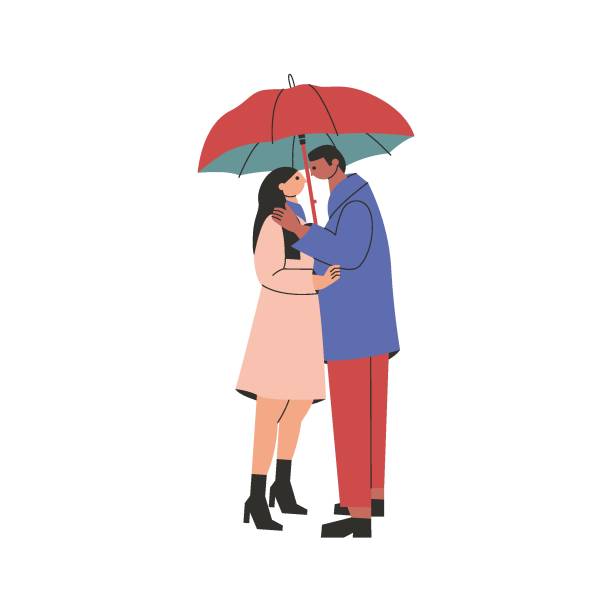 illustrations, cliparts, dessins animés et icônes de couple avec parapluie. personnage de dessin animé homme femme debout sous la pluie tenant parasol saison des pluies. illustration vectorielle - rain women umbrella parasol