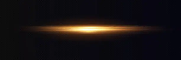 Vector illustration of Yellow horizontal lens flares pack. Laser beams, horizontal light rays. Beautiful light flares. Glowing streaks on dark background.